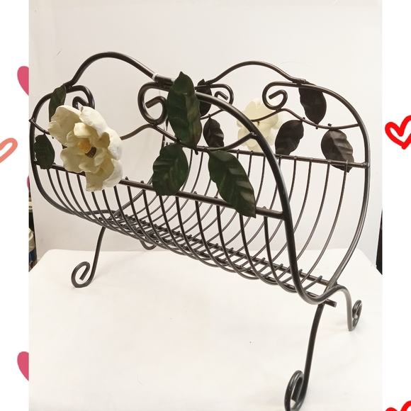 BLACK WROUGHT IRON LOG HOLDER WITH DECORATIVE METAL LEAVES AND FLOWERS - Picture 2 of 4